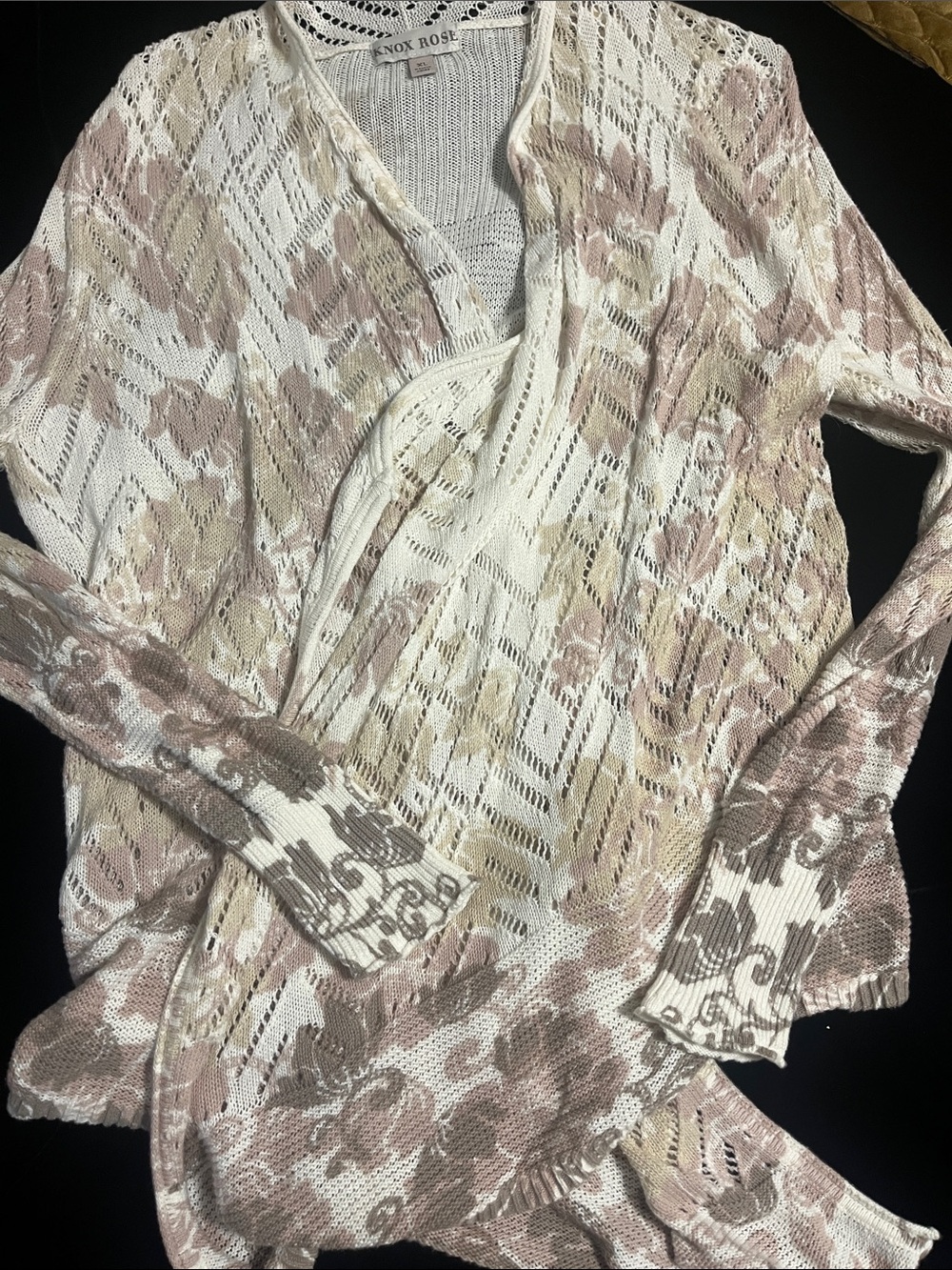 Knox Rose Open Knit Floral Cardigan in Cream and Taupe